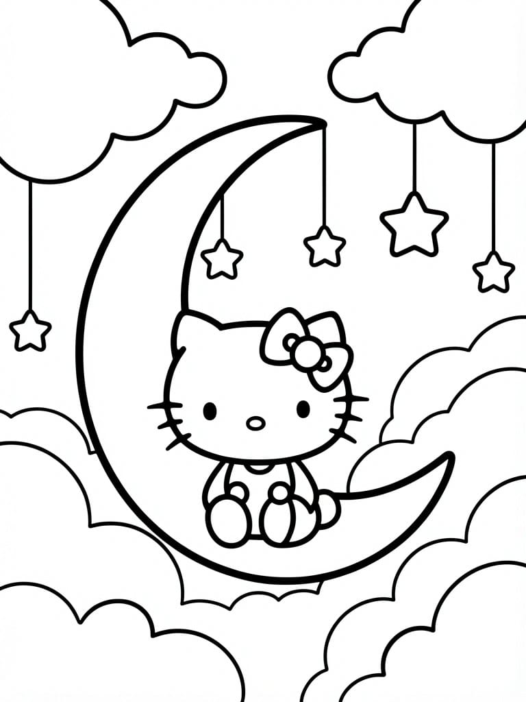 Black and white line drawing of Hello Kitty sitting on a crescent moon surrounded by clouds and dangling stars.