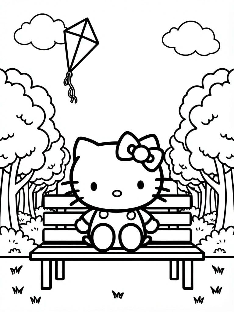 Line drawing of Hello Kitty sitting on a bench in a park with trees, grass, clouds, and a kite flying above.