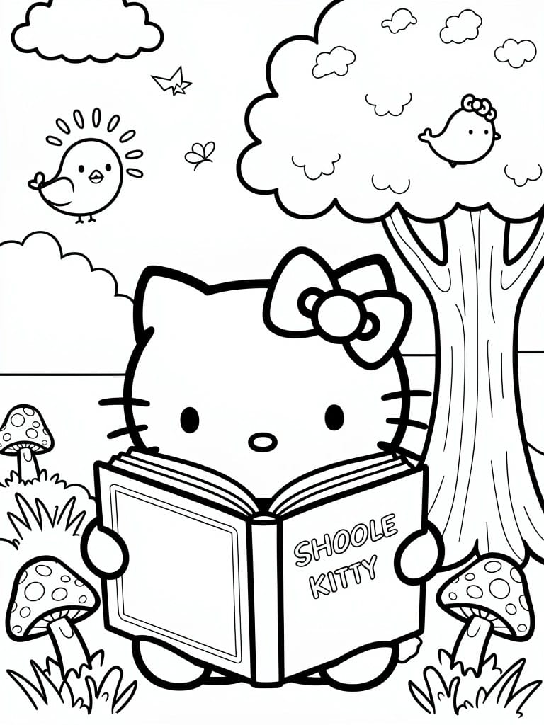 Hello Kitty coloring page shows her sitting on grass reading a book with mushrooms, tree, birds, butterfly, and clouds.
