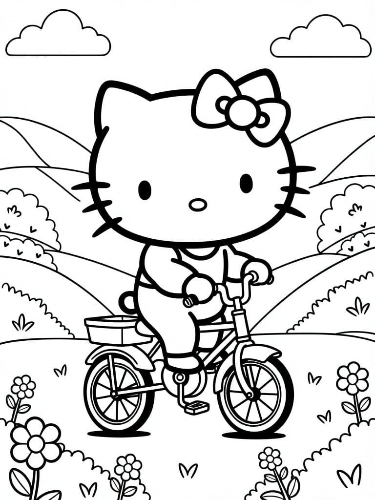 Black and white line drawing of Hello Kitty biking through hills with trees, clouds, and flowers.
