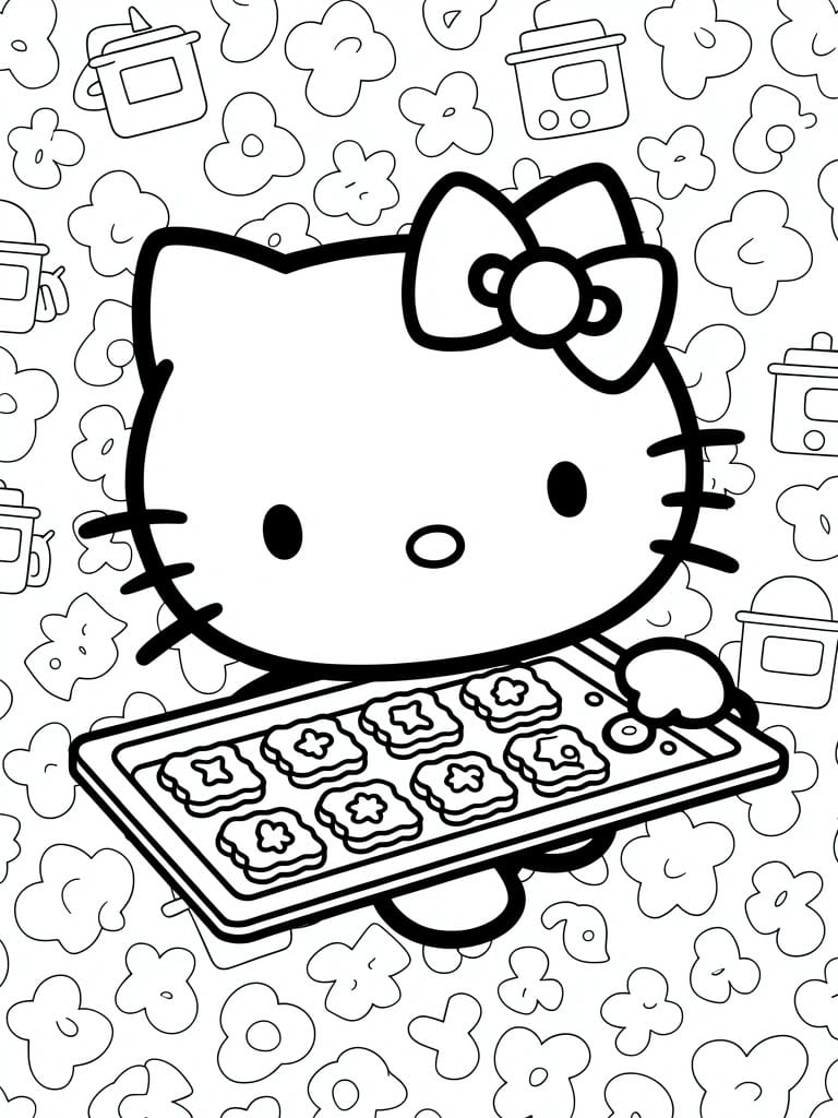 Black outline coloring page of Hello Kitty holding a tray of keyboard-shaped cookies surrounded by kitchen tools and flower patterns.
