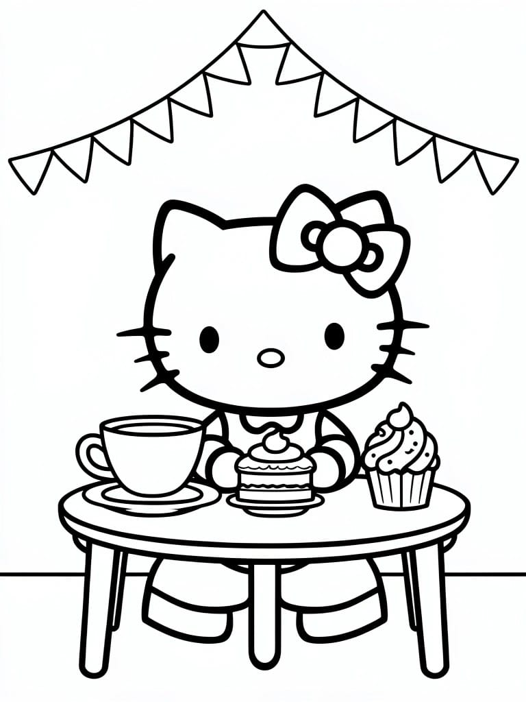 Line art of Hello Kitty in an apron sitting at a table with teacup, cake slice, and cupcake under hanging bunting.