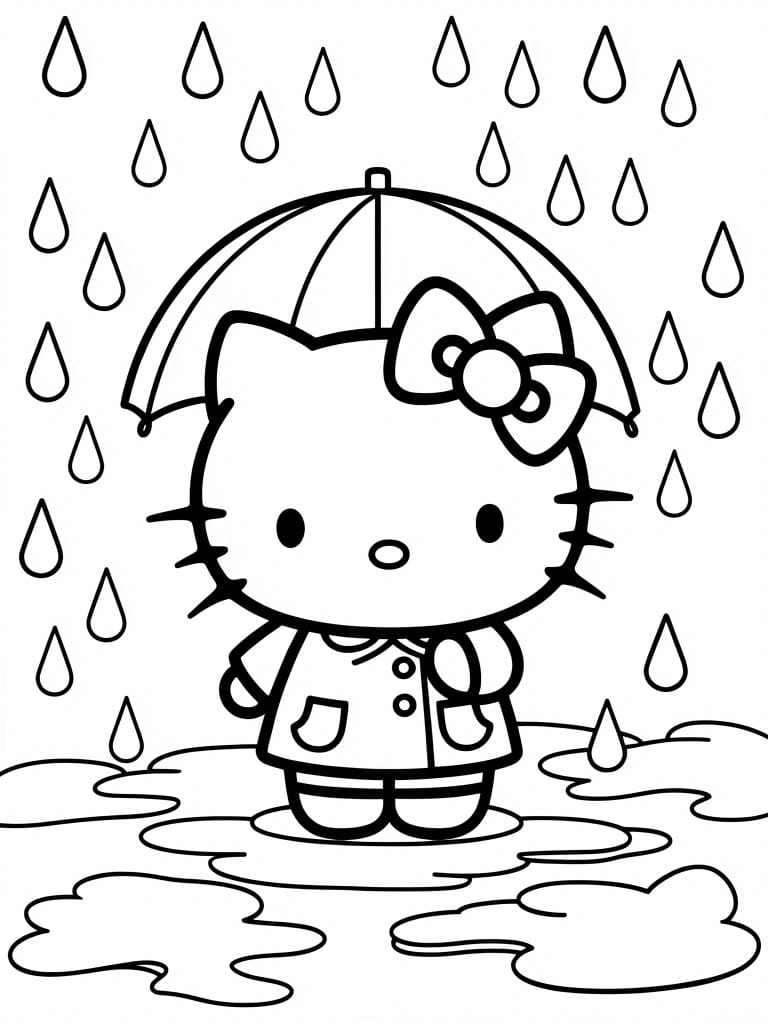 Black outline coloring page of Hello Kitty in raincoat and boots holding an umbrella amid falling raindrops and ground puddles.