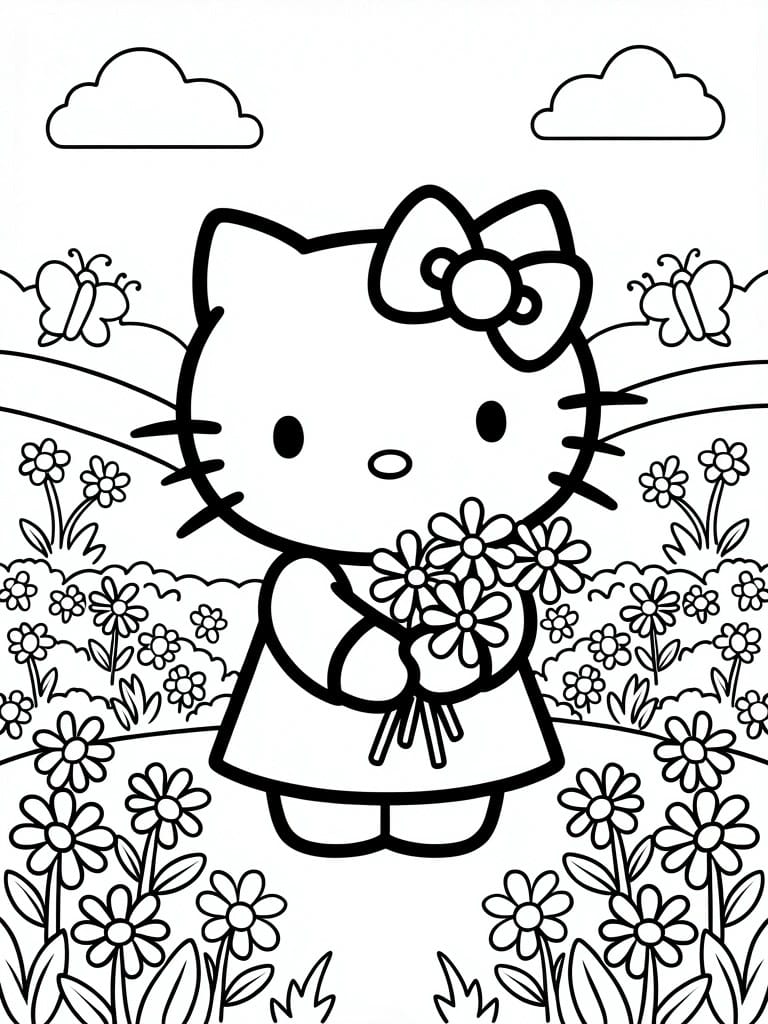 Black and white line drawing of Hello Kitty in a dress holding daisies, surrounded by more flowers, butterflies, clouds, and grass.