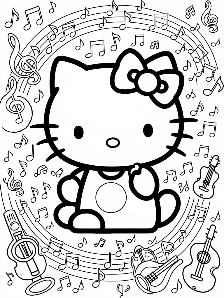 Line art of Hello Kitty sitting centered with swirling musical notes, staffs, guitars, trumpet, and a bird holding a guitar.