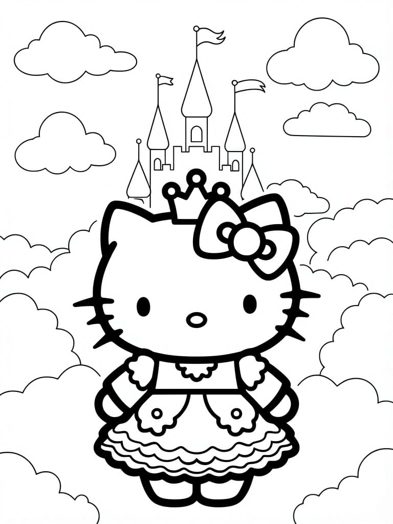 Black outline coloring page of Hello Kitty wearing a crown and puffy dress in front of a castle with towers, flags, and clouds.