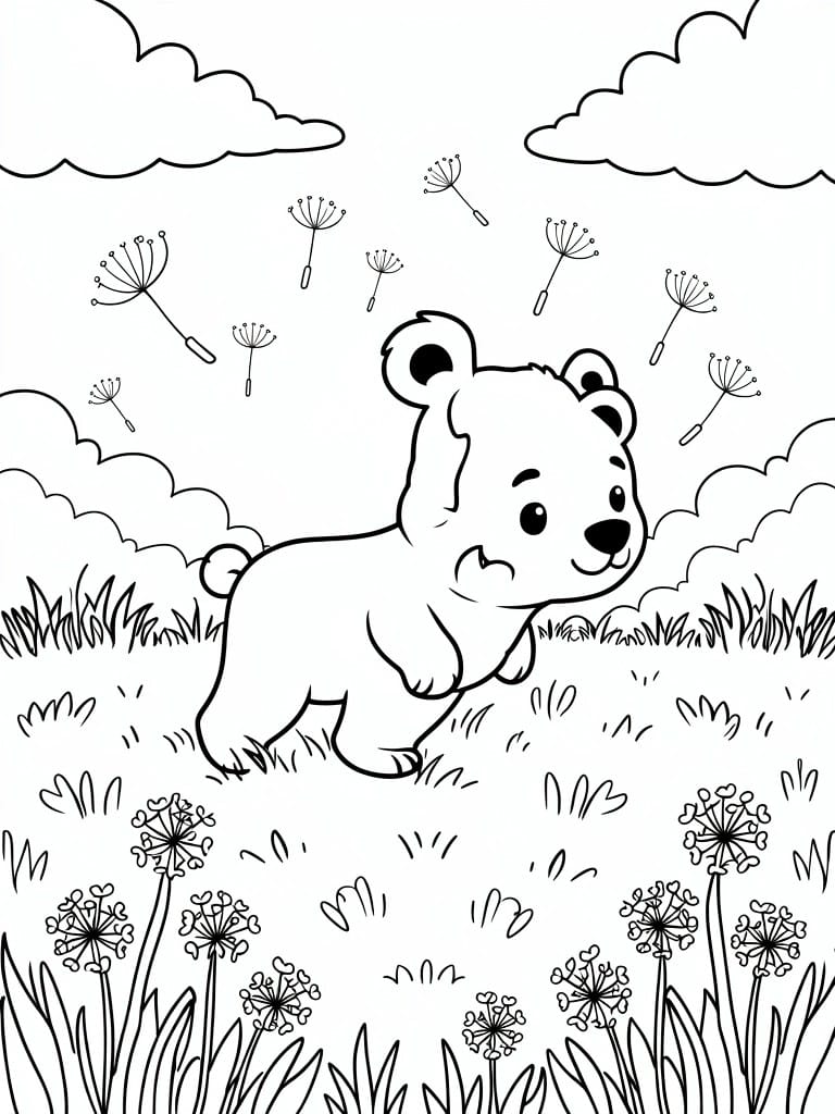 Line drawing of a cute baby bear running playfully in grass with dandelions and floating seeds under clouds.