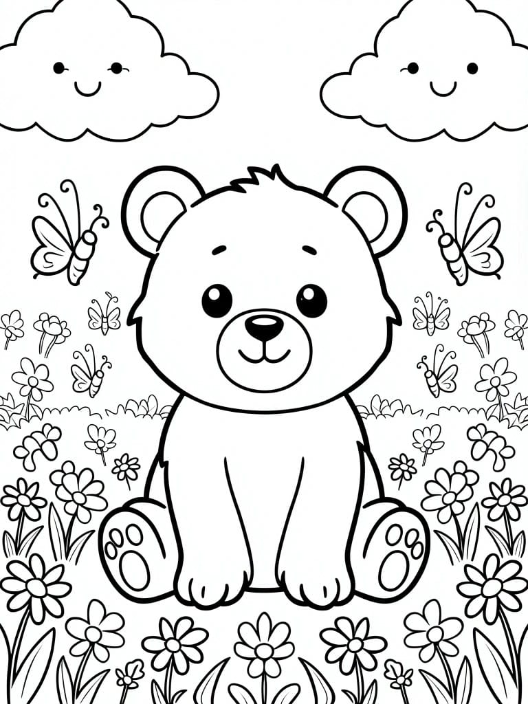 Coloring page of a cute baby polar bear sitting in a flower field surrounded by butterflies and smiling clouds.