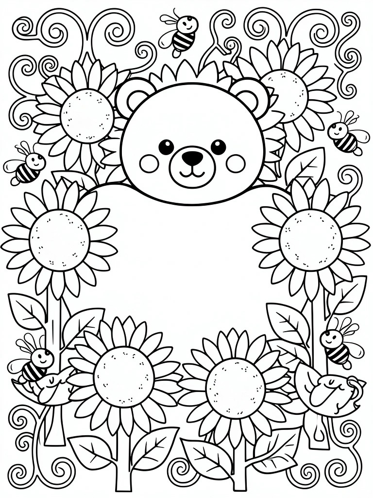 Black outline coloring page featuring a cute bear face centered in a frame of sunflowers, bees, leaves, and swirling vines.