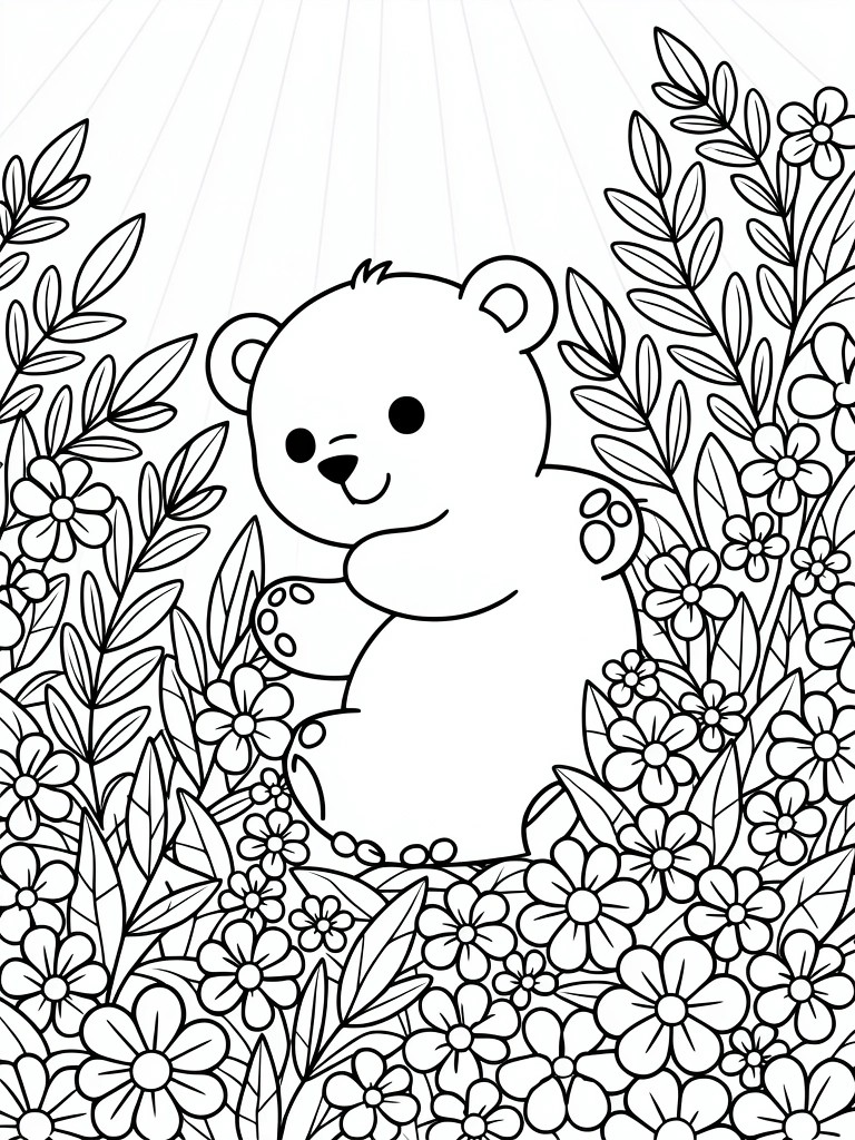 Black line drawing of a sitting bear surrounded by flowers and leaves with sun rays in the background.