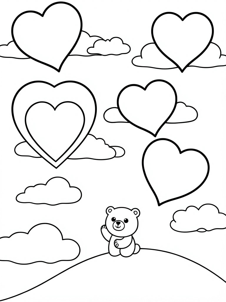 Line art of a teddy bear on a hill surrounded by floating outline hearts and clouds.