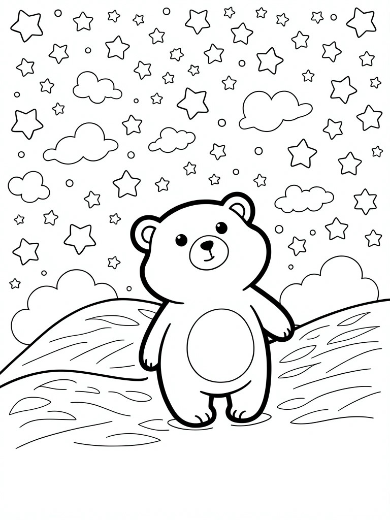 Line art of a cute teddy bear on wavy ground looking up at a starry sky with clouds.
