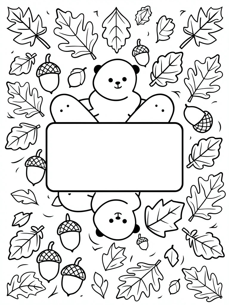 Black line drawing of kawaii bears peeking over and under a blank rectangular frame amid scattered autumn leaves and acorns.
