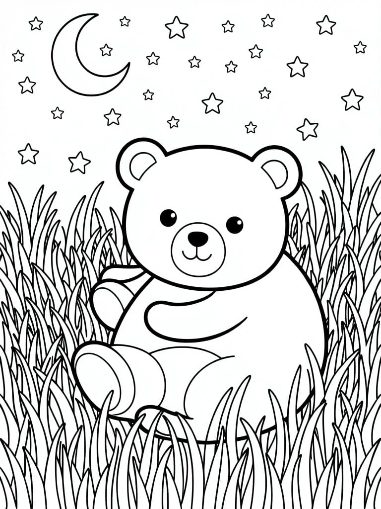 Line drawing of a plump bear sitting in tall grass beneath a crescent moon and stars.