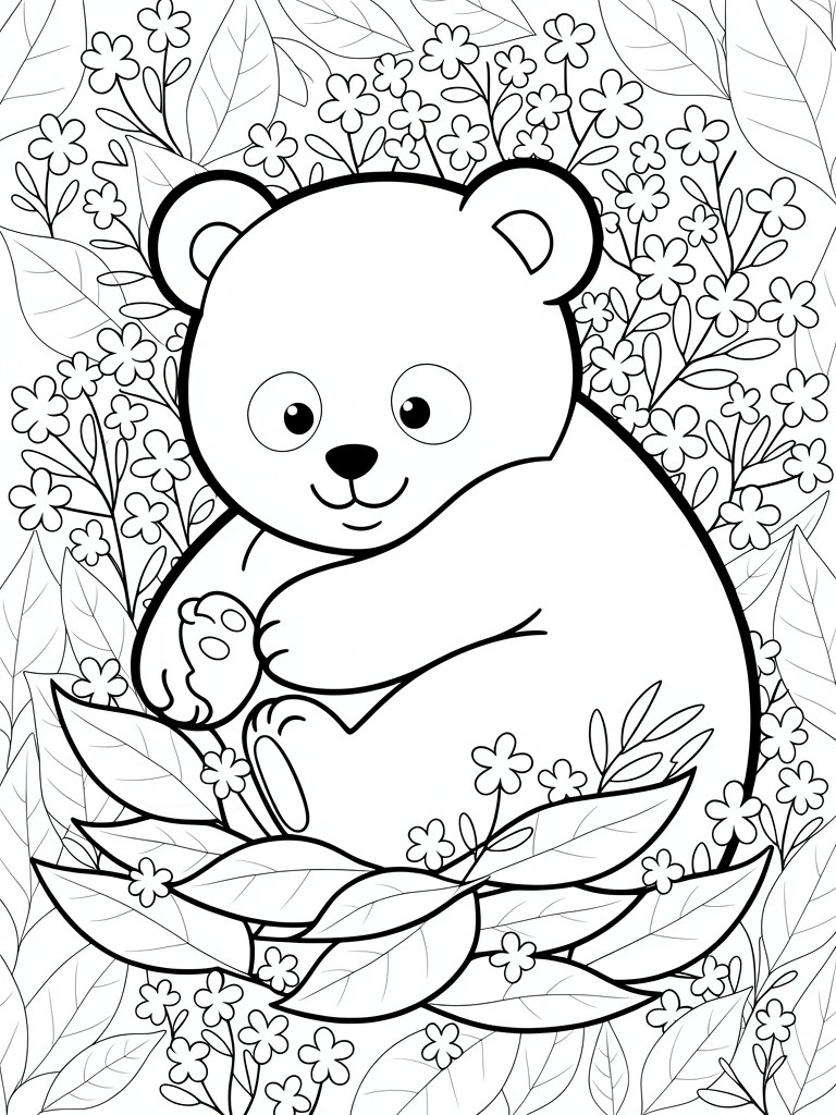 Line drawing of a smiling chubby panda bear sitting on leaves amid dense floral and vine patterns.