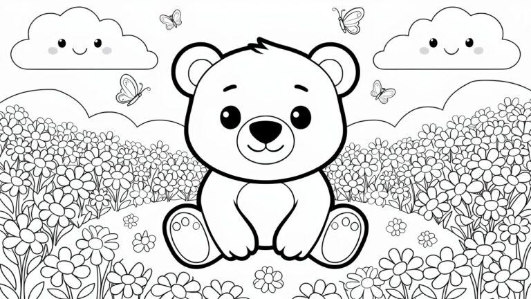 Coloring page of a cute baby polar bear sitting in a flower field surrounded by butterflies and smiling clouds.