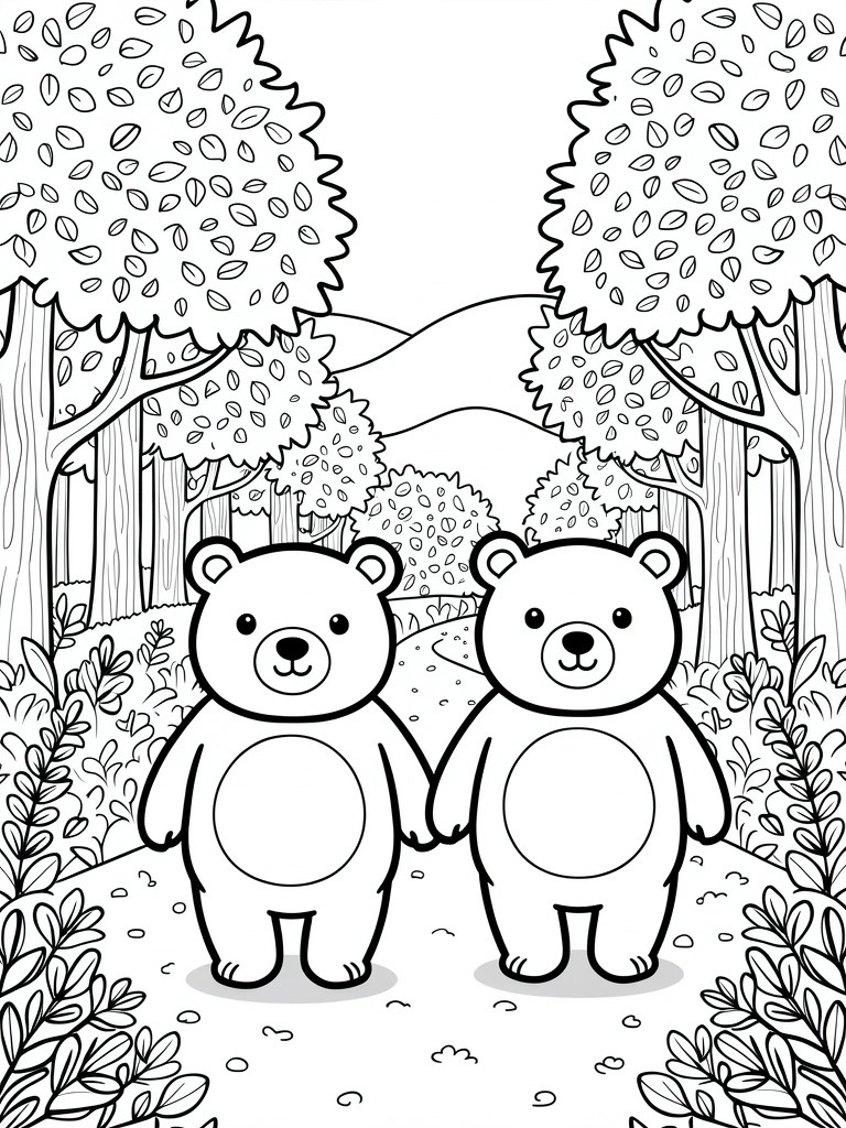 Black outline coloring page of two bears holding hands on a path lined with trees, bushes, and background mountains.