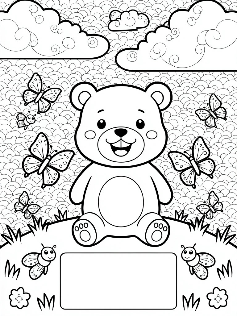 Line drawing of a smiling teddy bear on grass with butterflies, bees, patterned clouds, and an empty label space.