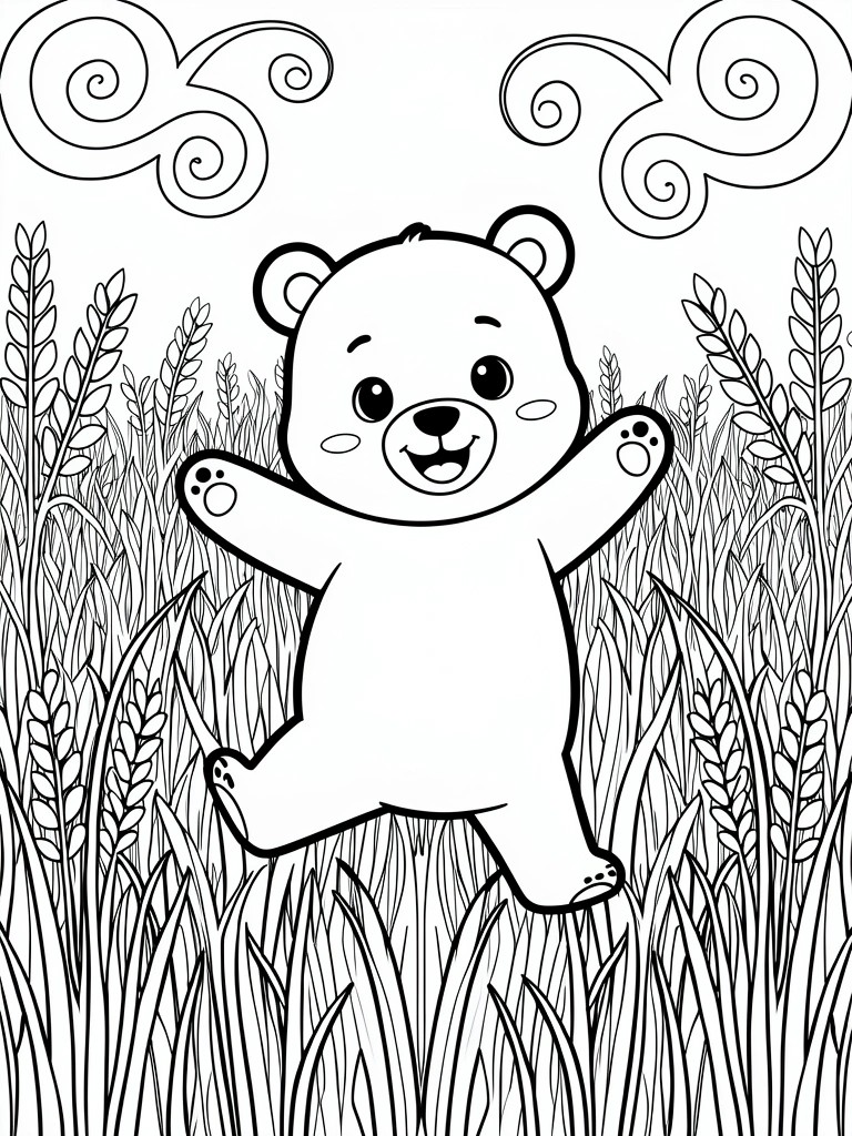 Line art of a chubby cartoon bear jumping with arms outstretched in a wheat field under swirly clouds.