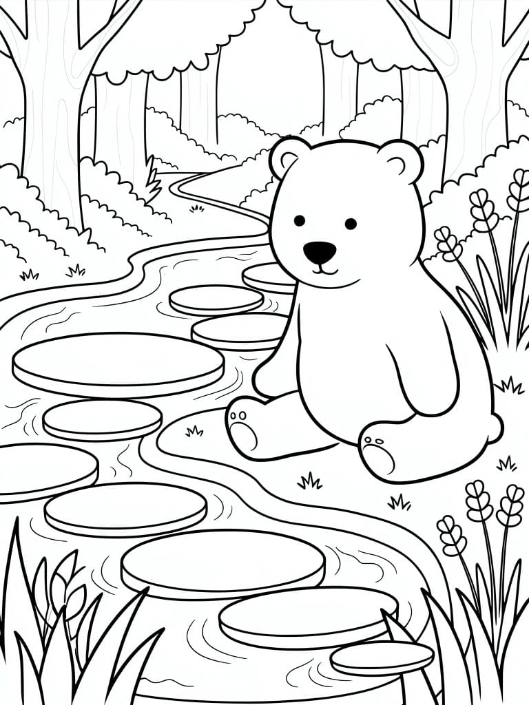 Line drawing of a cartoon polar bear sitting by a forest stream with lily pads, trees, and reeds.