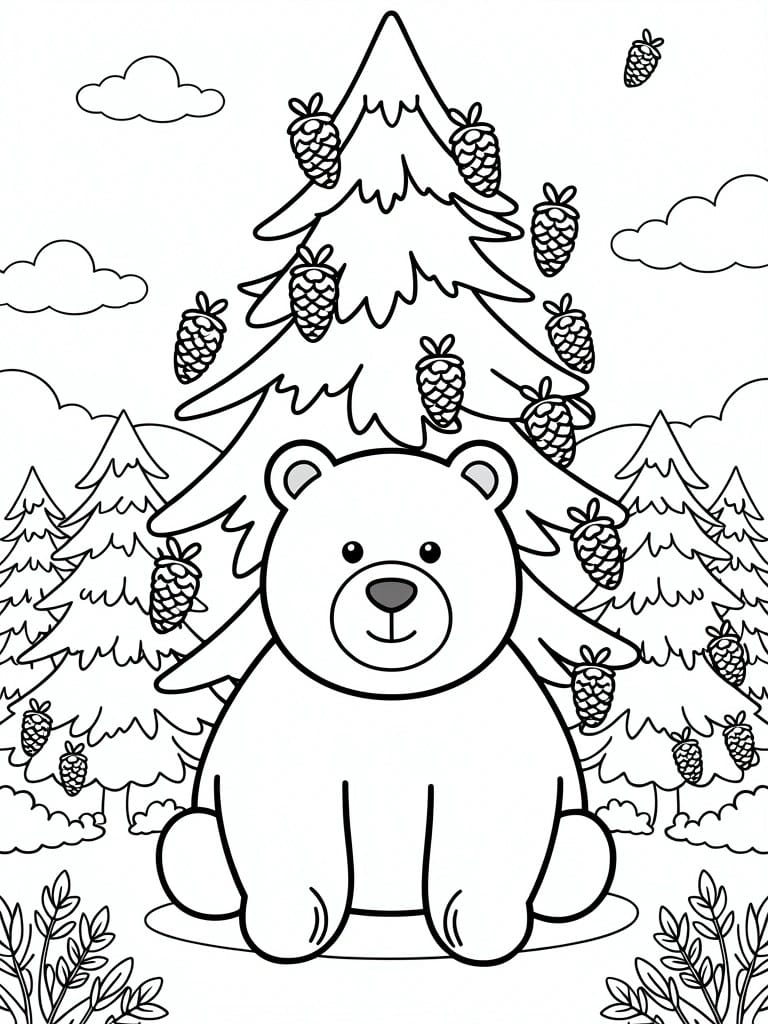 Line art of a sitting polar bear in front of a large pinecone-decorated Christmas tree amid mountains, clouds, trees, and bushes.