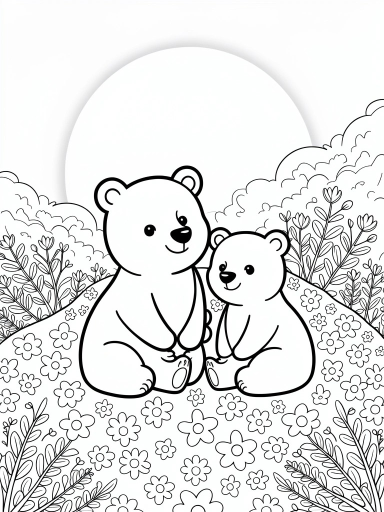Line art of mother and baby polar bears sitting face-to-face under a moon with clouds, flowers, and grass.