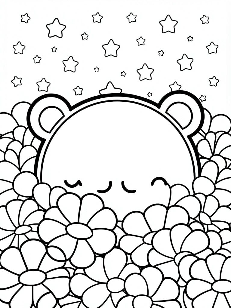 Black outline coloring page of a cute bear face emerging from flowers with stars overhead.