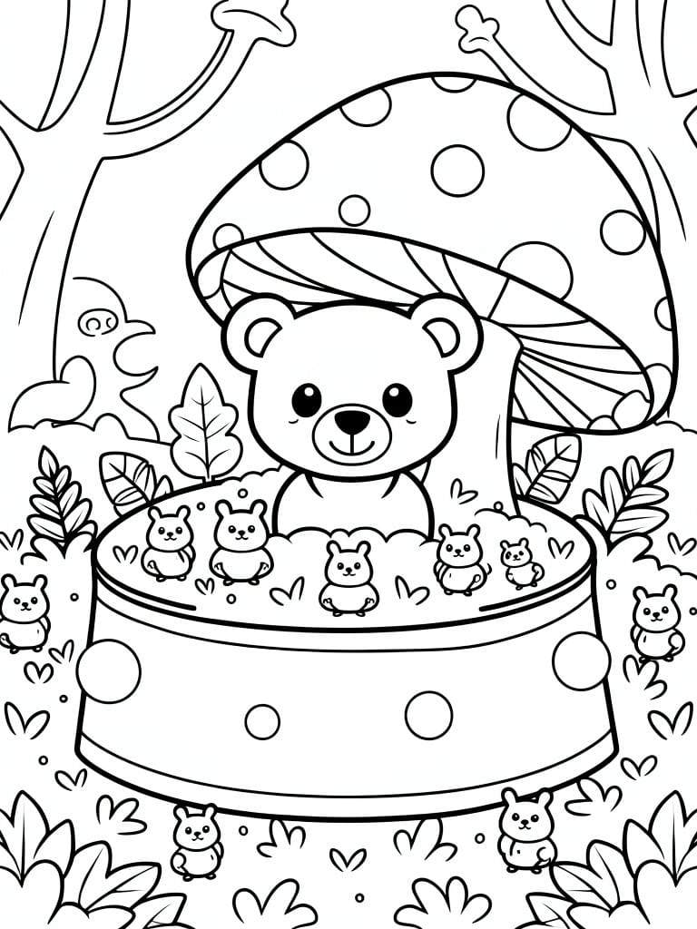 Black outline coloring page of teddy bear under large mushroom with mice at base amid forest leaves and plants.