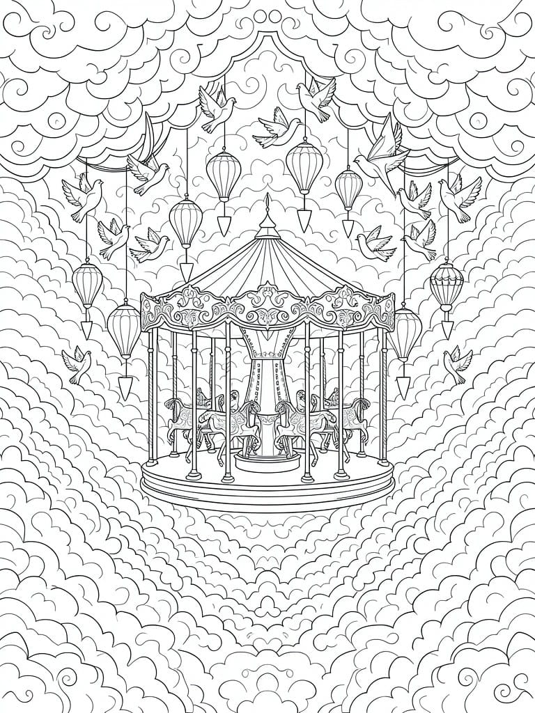 Line art of a carousel with horses centered amid swirling clouds, flying birds, and hanging lanterns.