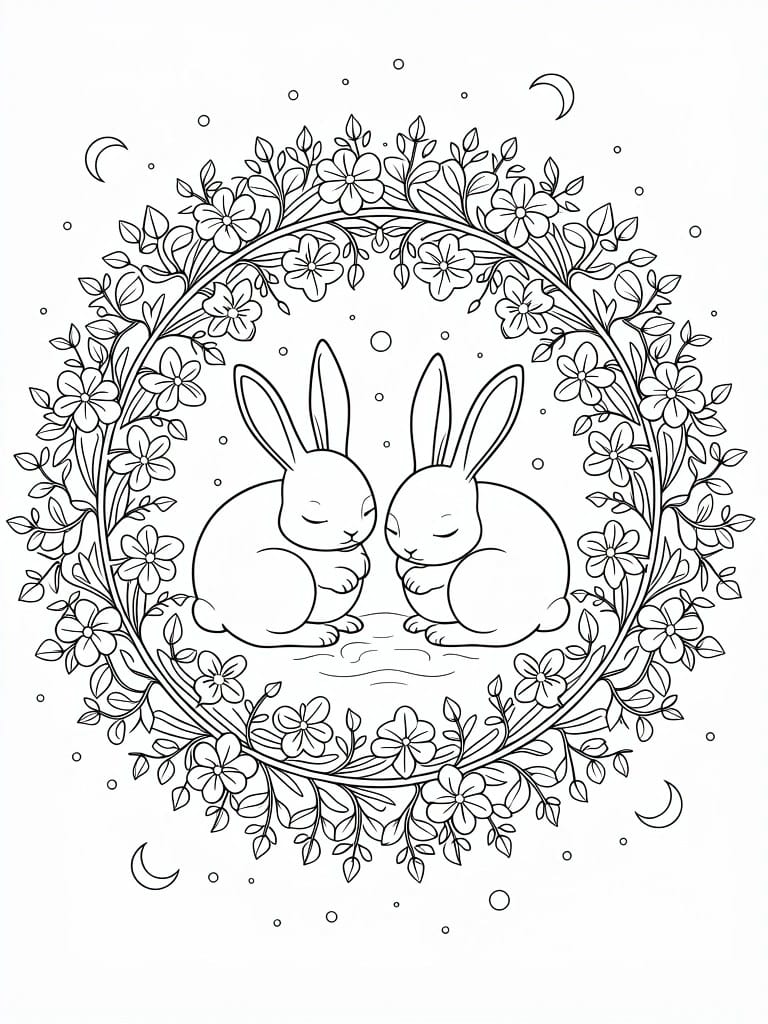 Line art of two sleeping rabbits centered in a circular wreath of flowers with a crescent moon and sparkles.