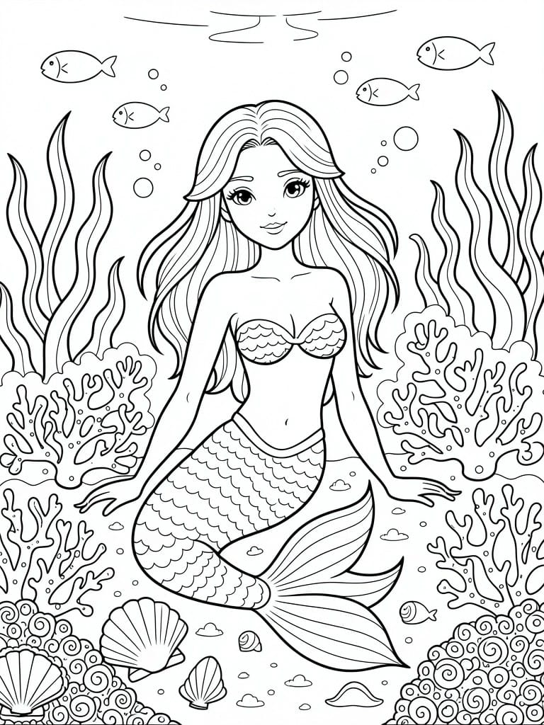 Line drawing of a mermaid with seashell bikini top and patterned tail sitting among seaweed, coral, fish, bubbles, and shells in an underwater scene.