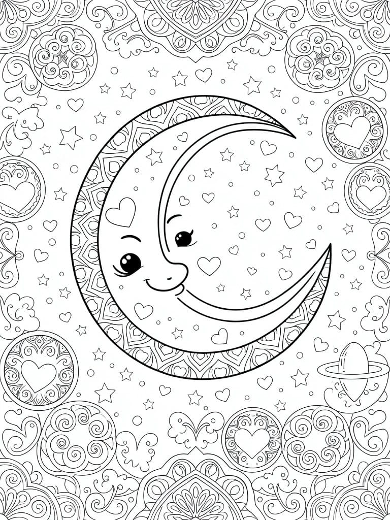 Line art of a smiling crescent moon face surrounded by hearts, stars, a planet, leaves, and mandala borders.
