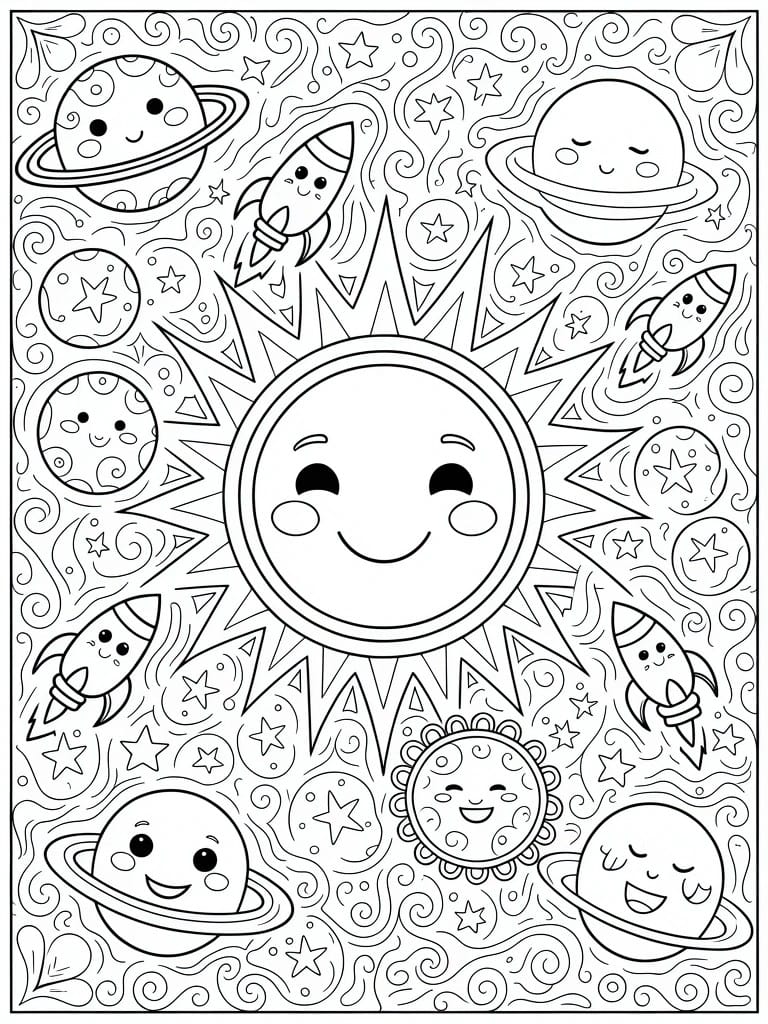 Black line art coloring page of a smiling sun surrounded by cute-faced planets, rockets, and starry swirls.