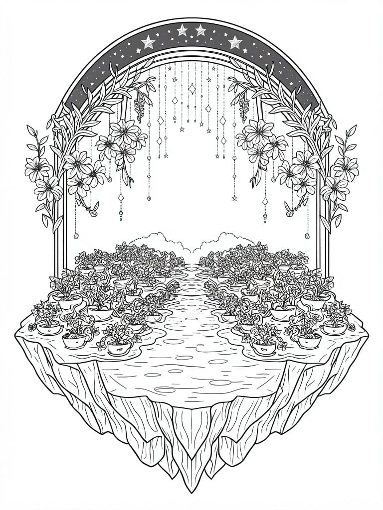 Line art of a starry arched floral gateway framing a path of flower pots on a floating island with water edges.