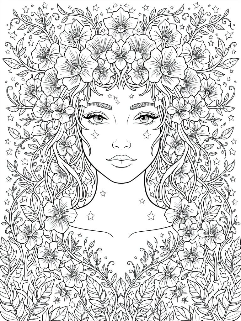Line art coloring page featuring a woman's face framed by dense floral vines, flowers, and stars.