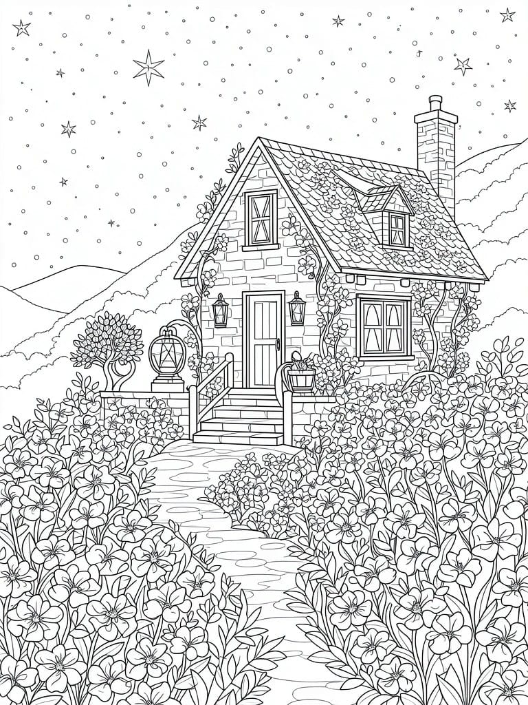 Line drawing of a small cottage house on a hill surrounded by flowers and vines, with a starry sky, lanterns, mountains, and a path in the background.