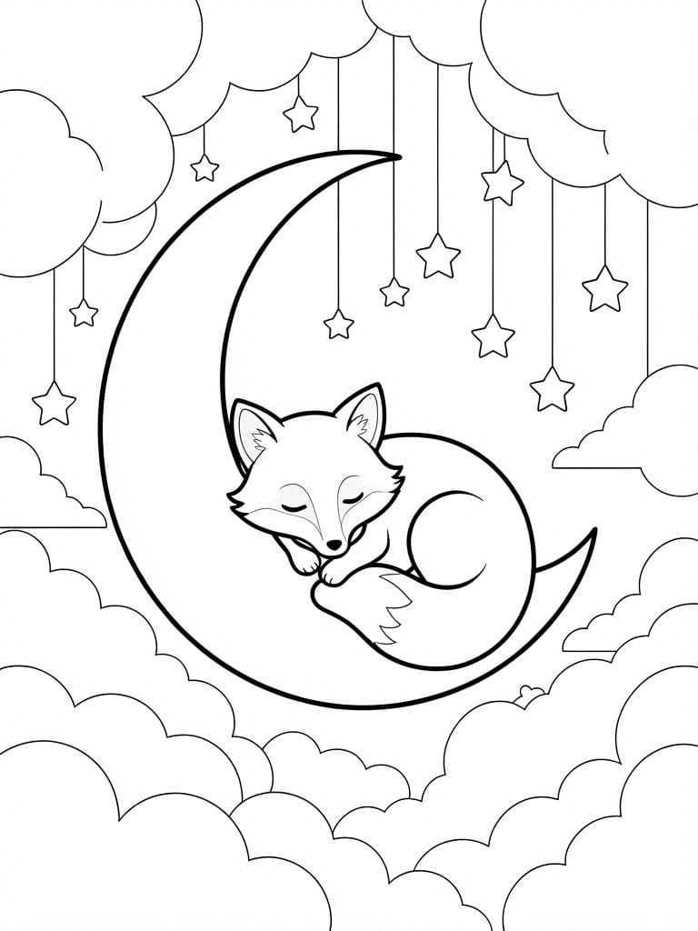 Line art of a sleeping fox curled on a crescent moon with hanging stars and surrounding clouds.
