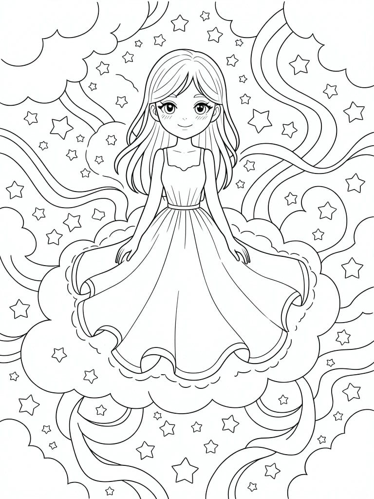 Line art of a cute girl in a dress on clouds, surrounded by stars, swirls, and more clouds.