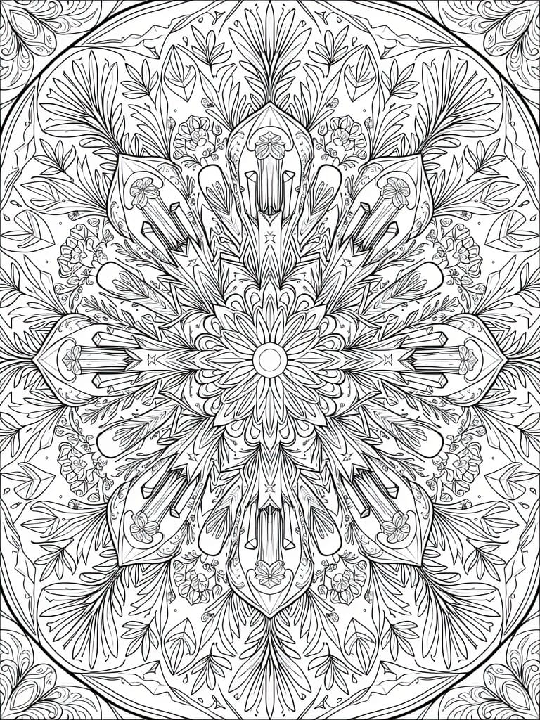 Highly detailed black and white mandala coloring page with a central flower, symmetrical floral leaves vines and arched patterns in a circular layout.
