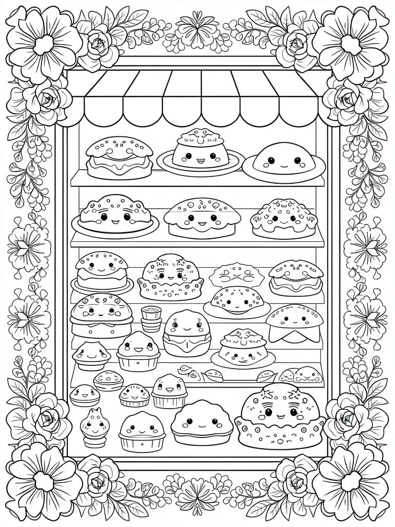 Line art of a bakery stall with shelves holding cute faced burgers, cupcakes, pancakes, and buns under an awning, edged in flowers.