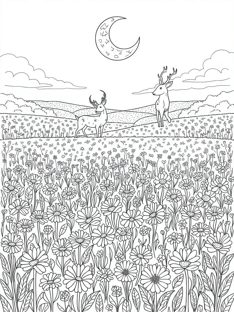 Line art coloring page of two deer on hills in a flower field under a starry crescent moon with clouds.