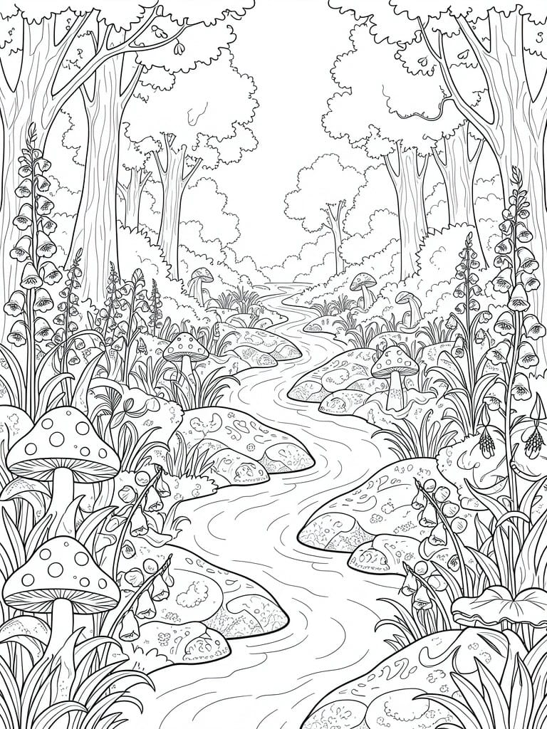 Line art coloring page depicting a winding forest path beside a stream surrounded by mushrooms, flowers, ferns, and trees.