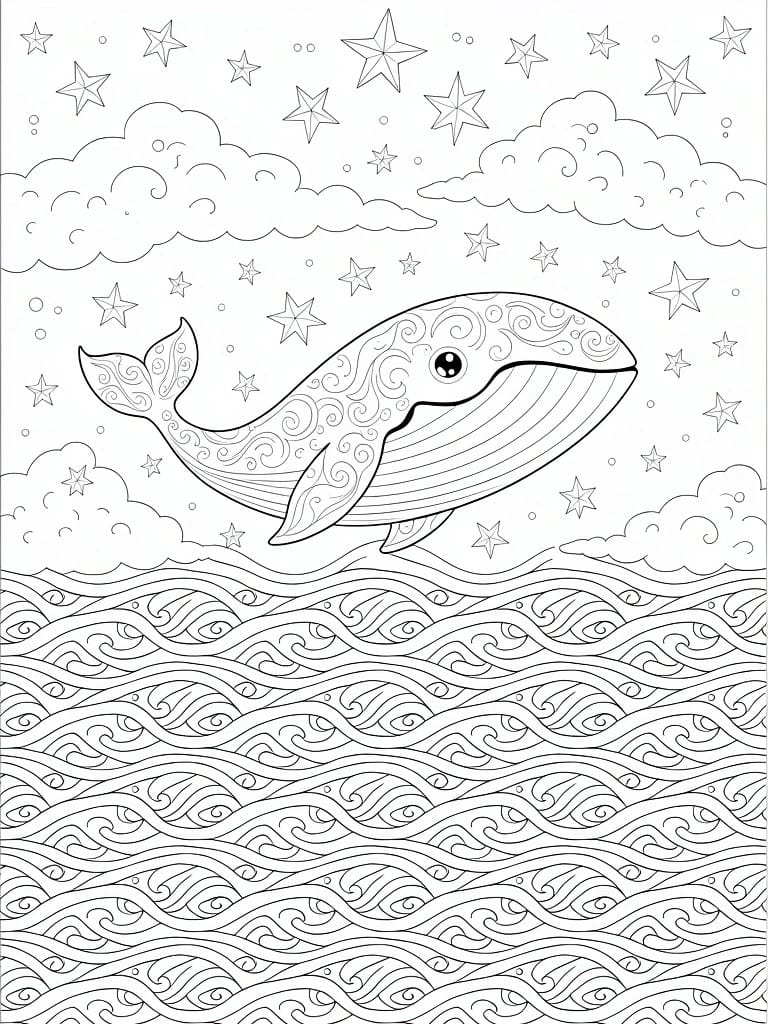Line art coloring page of a patterned whale jumping from wavy ocean lines under starry patterned clouds.