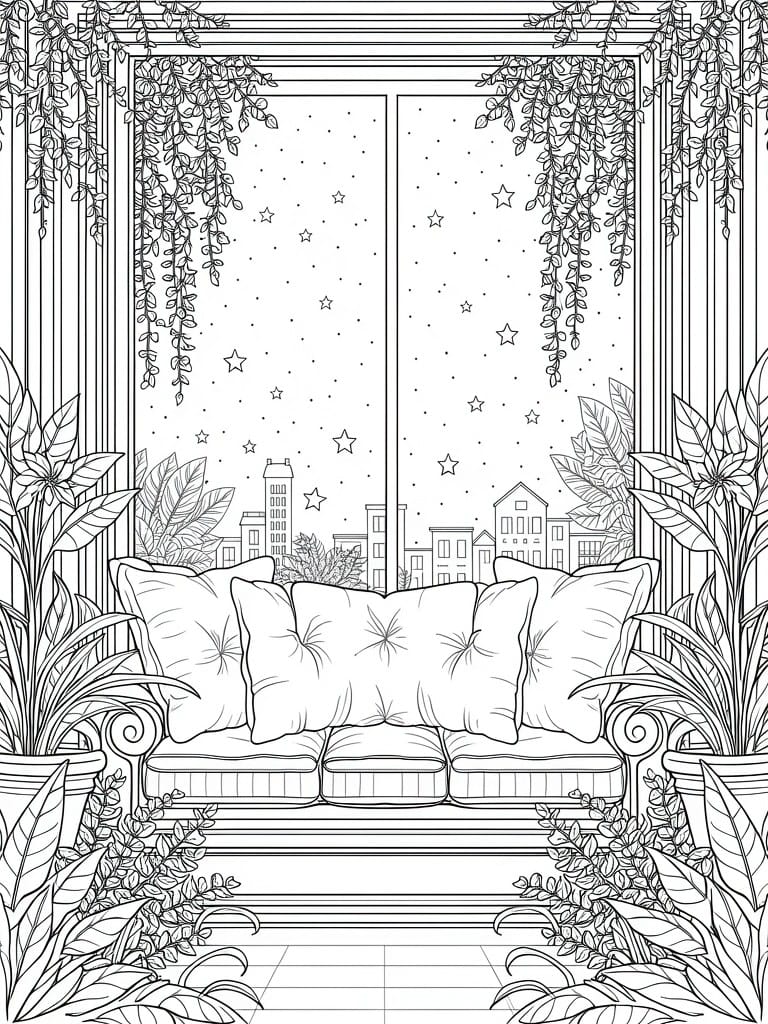 Line art coloring page of an arched window with starry night sky, city buildings, foreground bench with pillows, and surrounding plants.