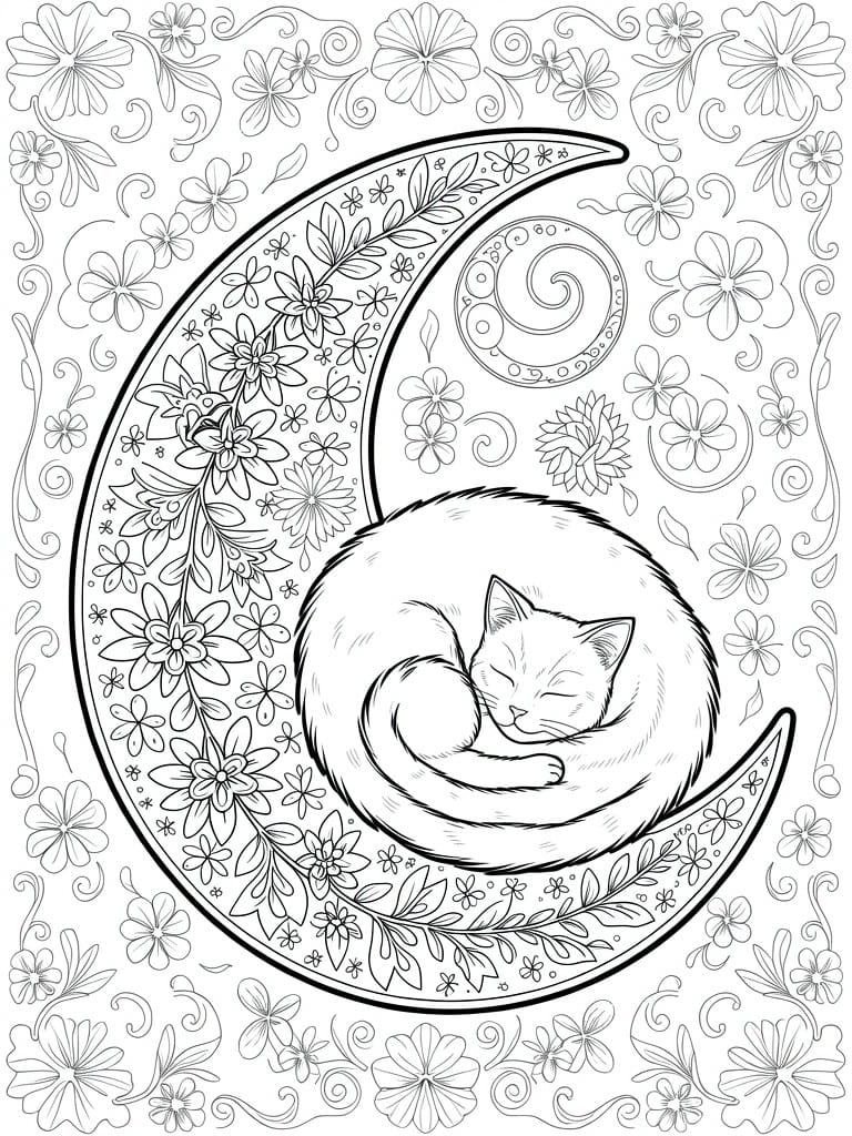 Line art coloring page featuring a sleeping cat inside a crescent moon filled with flowers, vines, and swirling patterns.