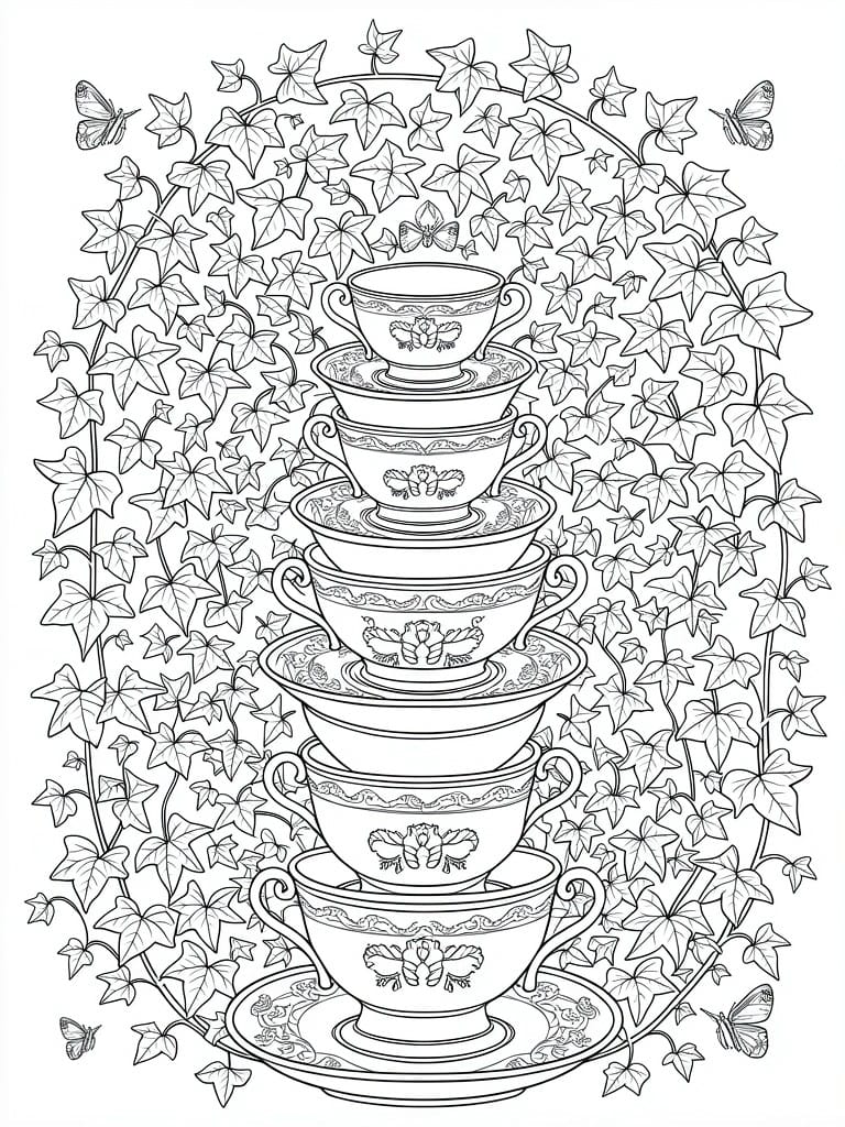 Coloring page of stacked teacups centered in a frame of ivy vines and butterflies with detailed cup patterns.