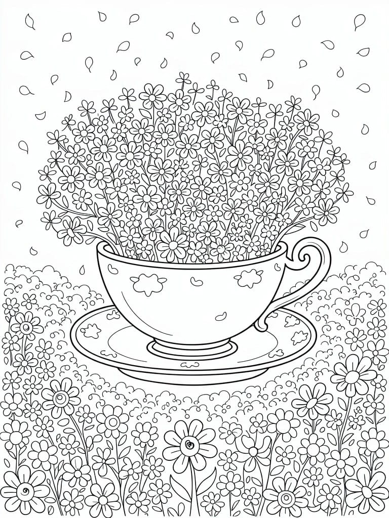 Black line drawing of a teacup overflowing with small daisies, petals falling around it, on a saucer amid a field of flowers.