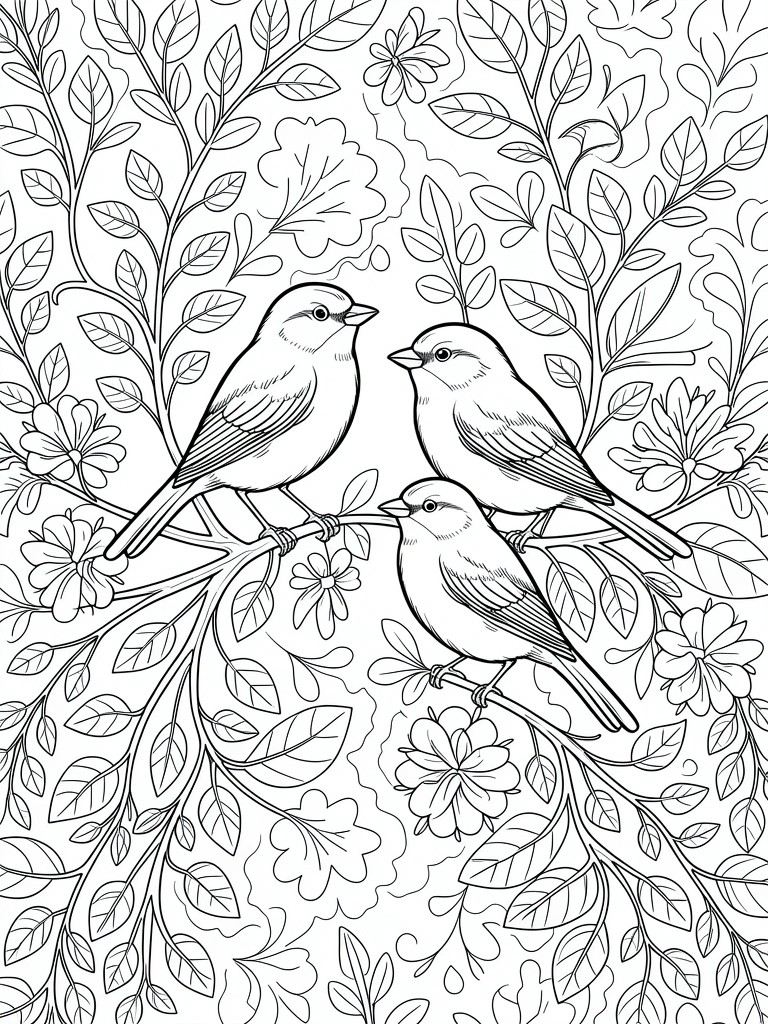 Black line drawing of three chickadees on branches encircled by detailed vines, leaves, and flowers.