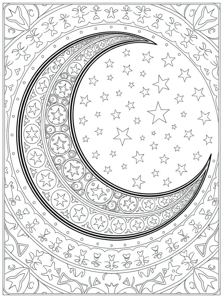 Detailed black line drawing of a crescent moon filled with stars and patterns, surrounded by an ornate circular border.