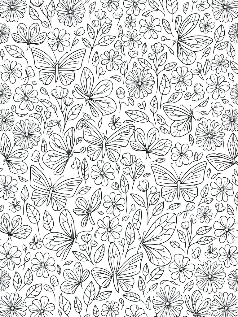 Black line art of daisies, butterflies, and leaves in a repeating all-over pattern on a white page.